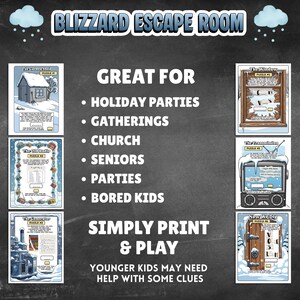 Printable winter blizzard diy escape room kit for older kids, teens and adults. Logic puzzles to solve indoors winter boredom activity, includes answers, story, survivors log and certificate. Set up your own winter indoor escape room easy.