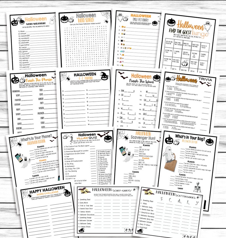 Halloween Party Games Bundle, 15 Scary Games Set, Trivia , Scattergories, Word Search,Printable or Virtual Games Pack, Instant Download image 2