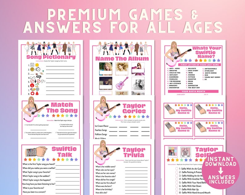 swiftie party printable games bundle with answers great for teens and tweens Taylor fans or eras tour concert activities, birthday parties or sleepovers. Includes song bingo, trivia, and emoji games.