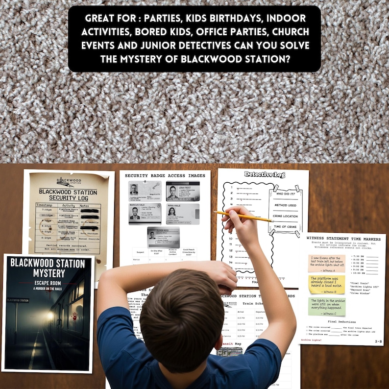 Detective train station murder mystery escape room printable cold case mystery game for teens & adults logic puzzle game night activity with 15  clues or puzzles, instructions, answers and certificate for win, great for ages 12 and up.