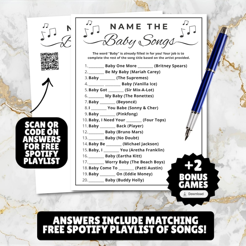 guess the baby song name the baby song printable music trivia game for baby showers and baby sprinkles, fun activity for newborn moms and mommy to be comes with 2 bonus games and a linked Spotify playlist for free with matching songs, guess the baby song name, answers included, just print and play