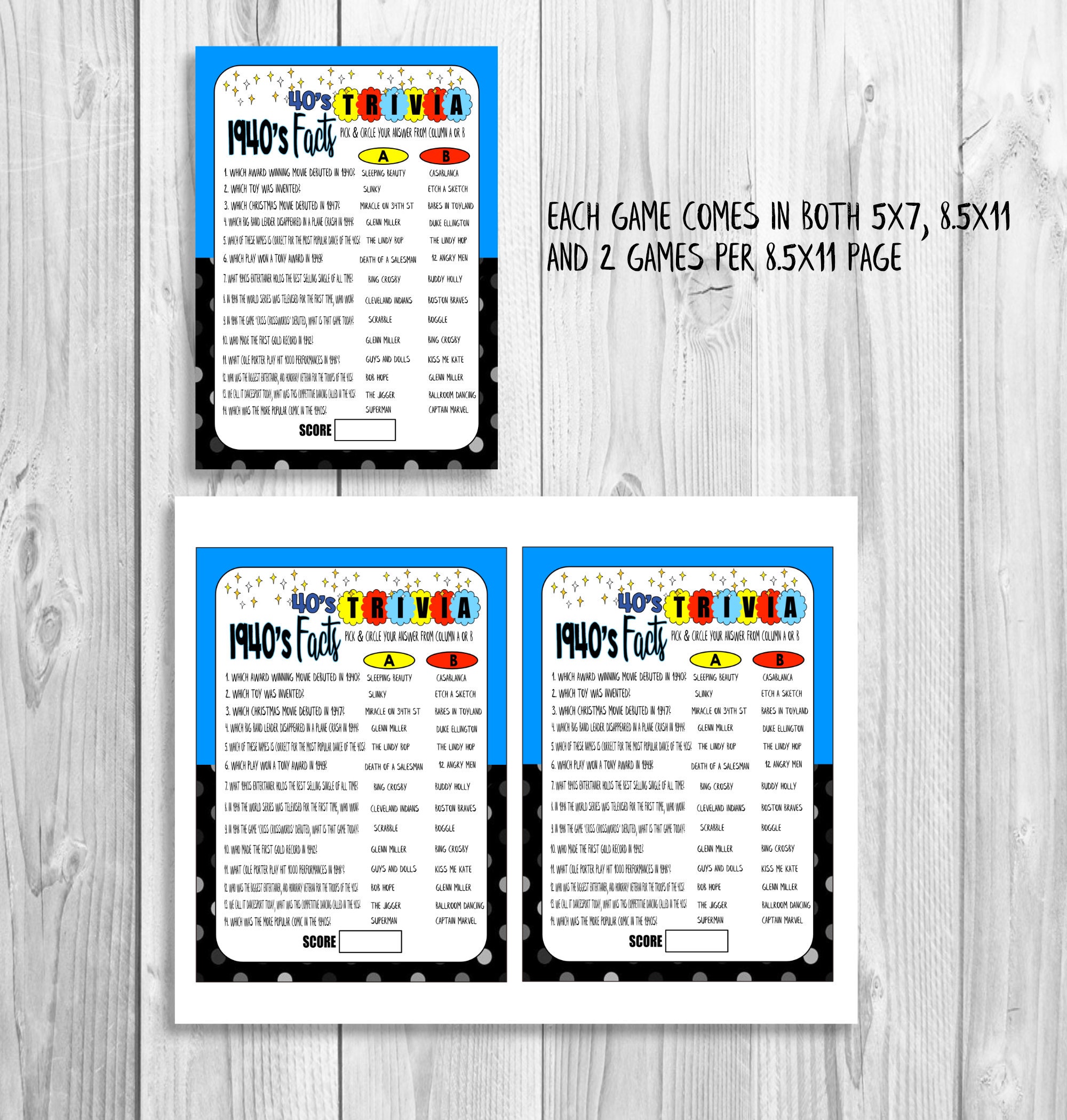 75th Birthday Party Games Born In 1946 Games 1940s Trivia Etsy