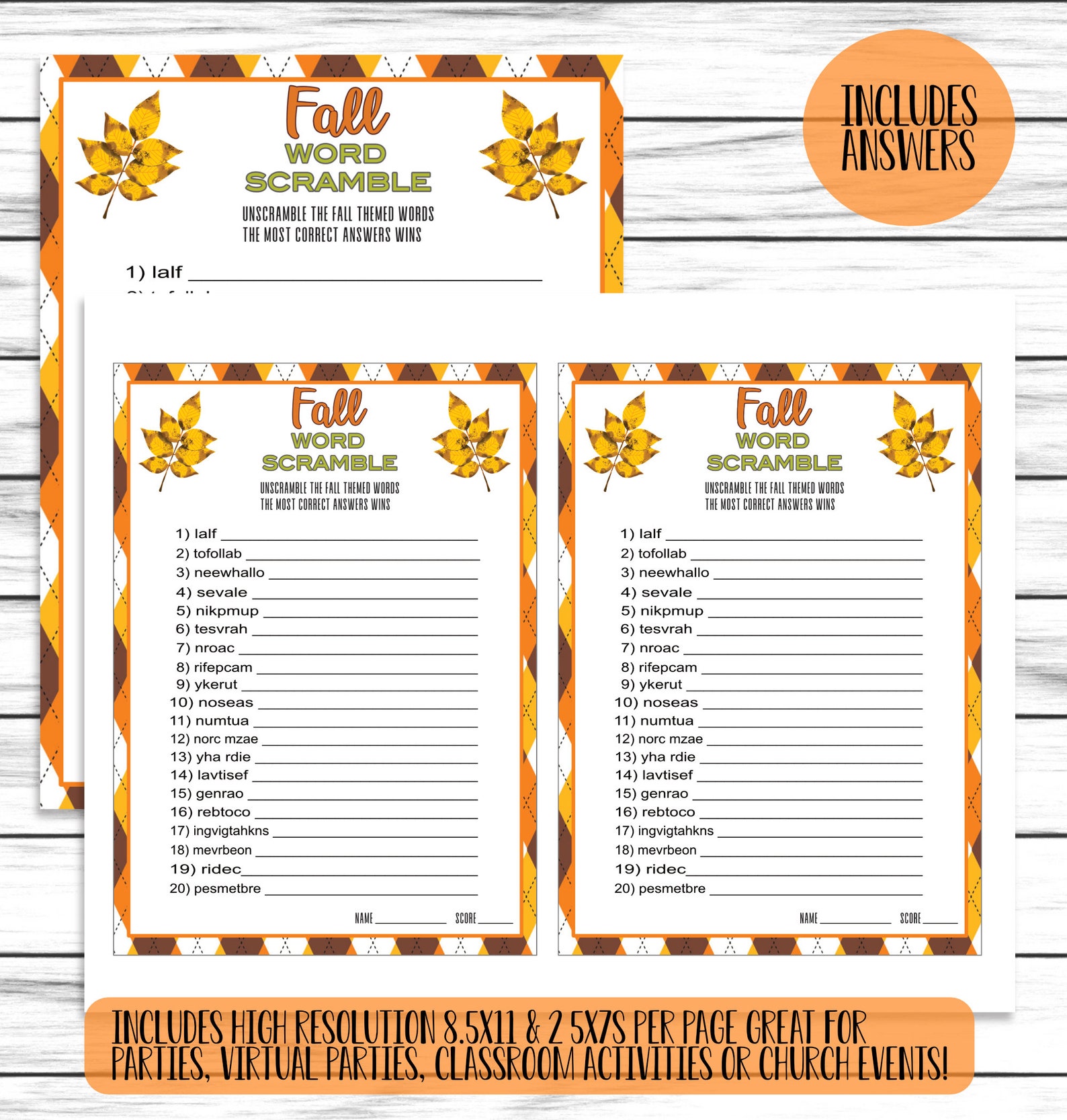 Fall Word Scramble Game, Printable or Virtual Game for Adults and Kids ...