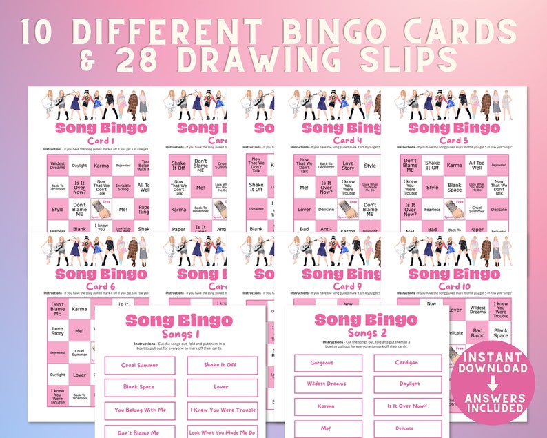 swiftie party printable games bundle with answers great for teens and tweens Taylor fans or eras tour concert activities, birthday parties or sleepovers. Includes song bingo, trivia, and emoji games.
