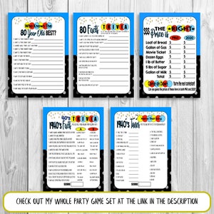 May include: A set of five printable party game cards with a black and white polka dot background. The cards are blue, yellow, and red with gold stars. The cards have titles such as "Who Knows the 80 Year Old Best?", "80 Facts Trivia", "$$$ The Right Price Is", "40's Trivia 1940's Facts", and "1940's Tunes Name That Song".