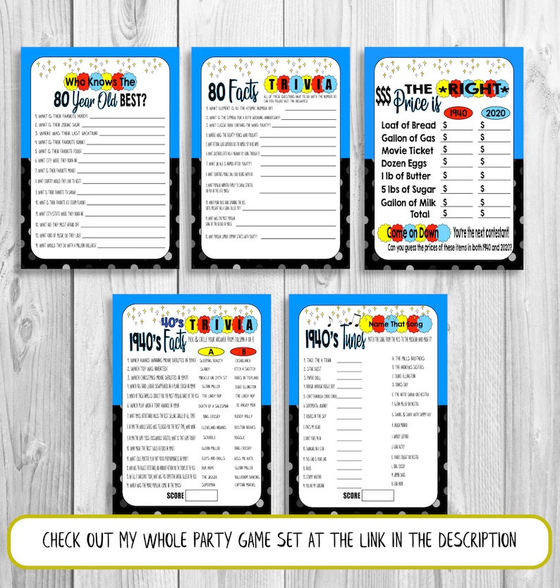 May include: A set of five printable party game cards with a black and white polka dot background. The cards are blue, yellow, and red with gold stars. The cards have titles such as "Who Knows the 80 Year Old Best?", "80 Facts Trivia", "$$$ The Right Price Is", "40's Trivia 1940's Facts", and "1940's Tunes Name That Song".