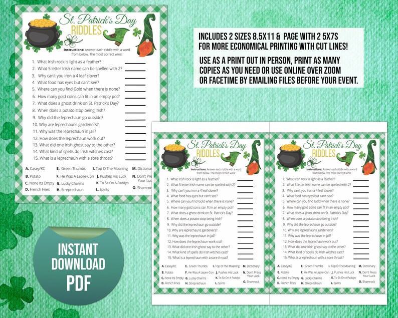 St Patricks Day Riddles Printable Game St Paddys Office - Etsy