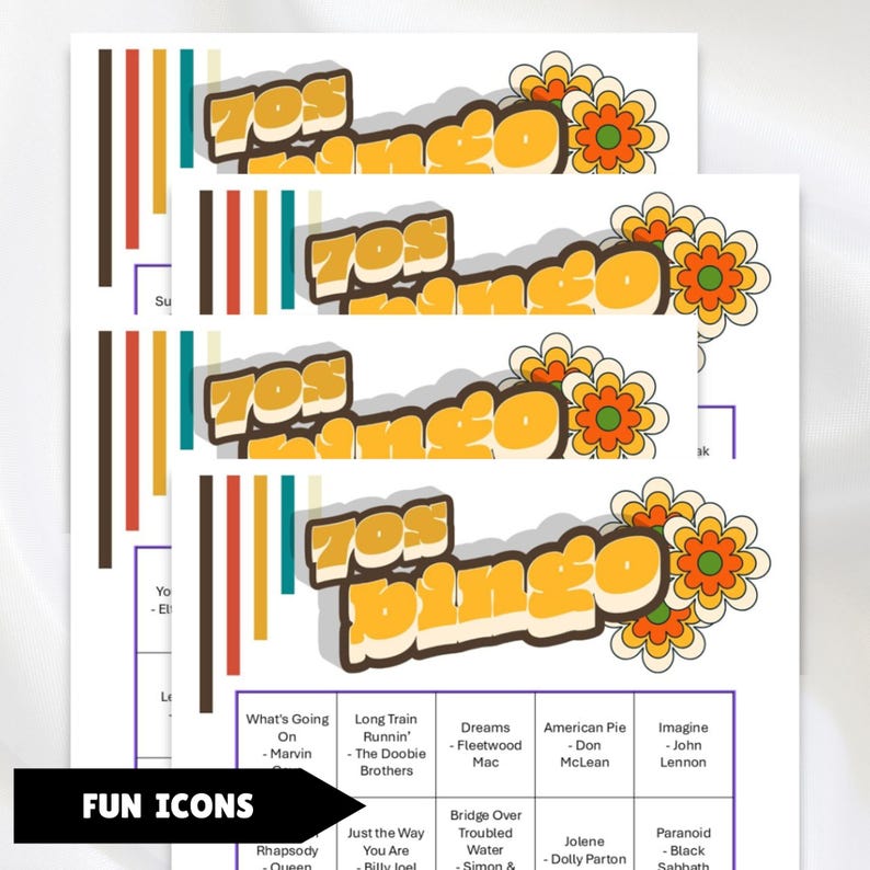 1970s music playlist bingo game 100 unique printable cards plus a Spotify music playlist of the 1970s top 50 greatest hits