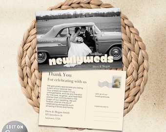 Editable Vintage Wedding Photo Thank You Card | Newlyweds Retro Thank You DIY Canva Template 4x6,5x7,Postcard