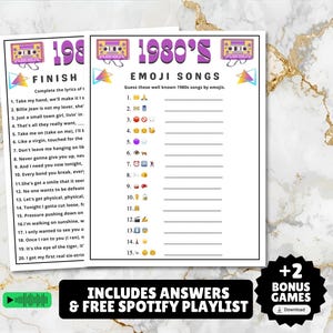 printable 1980s themed finish the song, find a guest who music icebreaker game, and 1980s emoji pictionary printable games with answers and Spotify playlist great for birthdays, seniors, church, classroom and baby showers or wedding showers.