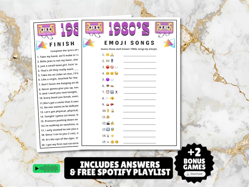 printable 1980s themed finish the song, find a guest who music icebreaker game, and 1980s emoji pictionary printable games with answers and Spotify playlist great for birthdays, seniors, church, classroom and baby showers or wedding showers.