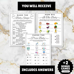 guess the baby song name the baby song printable music trivia game for baby showers and baby sprinkles, fun activity for newborn moms and mommy to be comes with 2 bonus games and a linked Spotify playlist for free with matching songs, guess the baby song name, answers included, just print and play