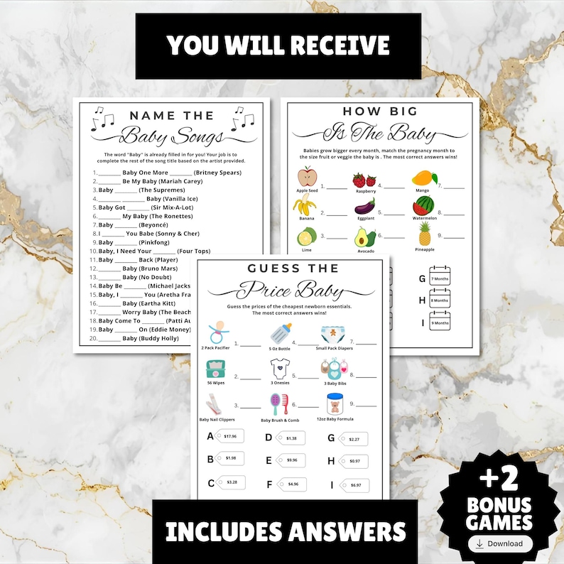 guess the baby song name the baby song printable music trivia game for baby showers and baby sprinkles, fun activity for newborn moms and mommy to be comes with 2 bonus games and a linked Spotify playlist for free with matching songs, guess the baby song name, answers included, just print and play
