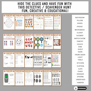 May include: A printable scavenger hunt for kids with 24 clues. Each clue is a puzzle or word search. The clues are hidden in different rooms of the house, such as the bathroom, kitchen, and bedroom. The scavenger hunt is a fun and educational activity for children.