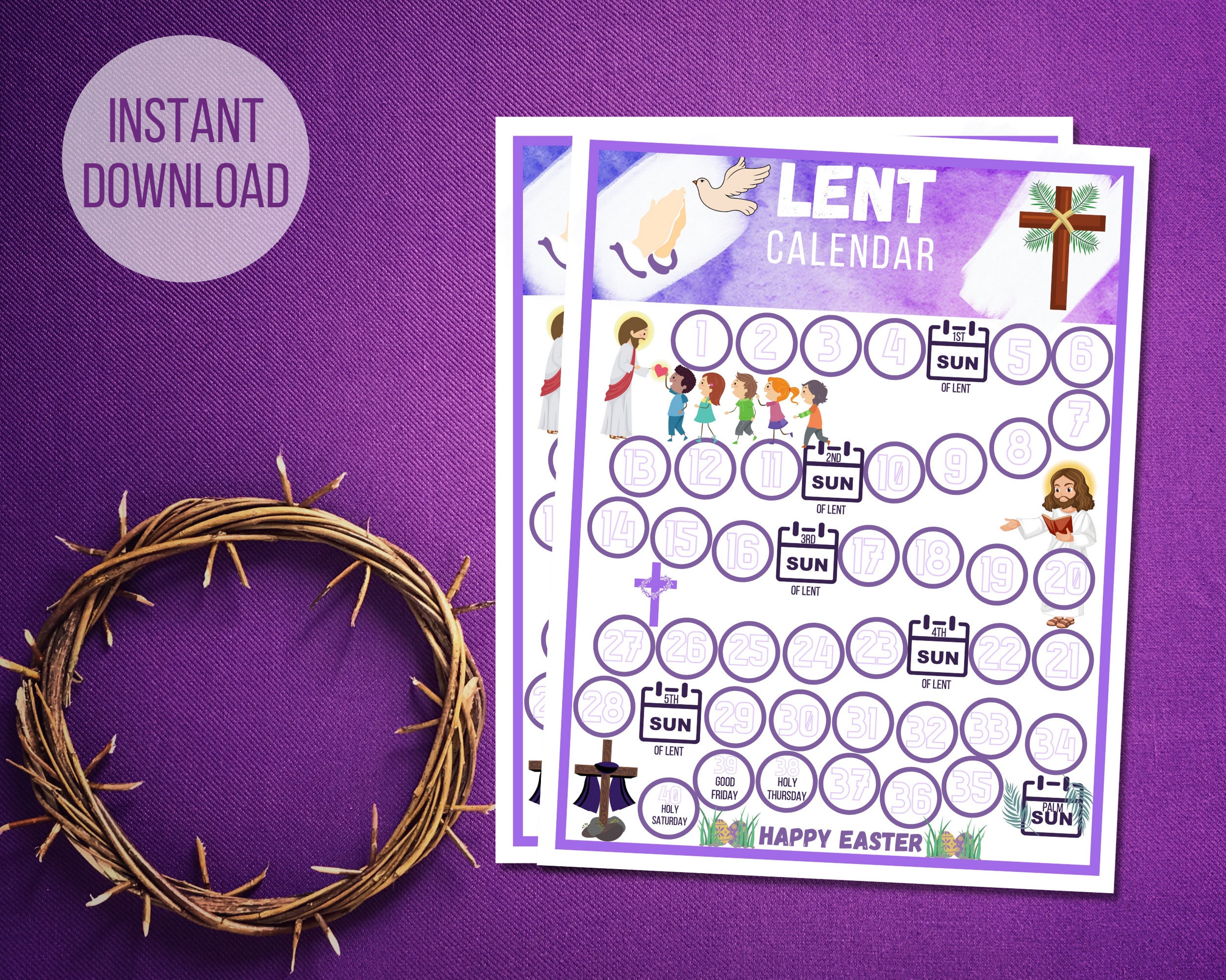 Lent Printable Kids Calendar Childrens Coloring Lenten | Etsy