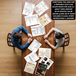Detective escape room printable cold case mystery game for teens & adults logic puzzle game night activity with 15  clues or puzzles, instructions, answers and certificate for win, great for ages 12 and up.