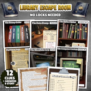 May include: A Library Escape Room game with the text "LIBRARY ESCAPE ROOM NO LOCKS NEEDED." The game includes 12 clues, answers, and a story. The game features puzzles like "The Dewey Order" and "The Spine Cipher."