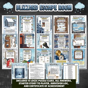 Printable winter blizzard diy escape room kit for older kids, teens and adults. Logic puzzles to solve indoors winter boredom activity, includes answers, story, survivors log and certificate. Set up your own winter indoor escape room easy.