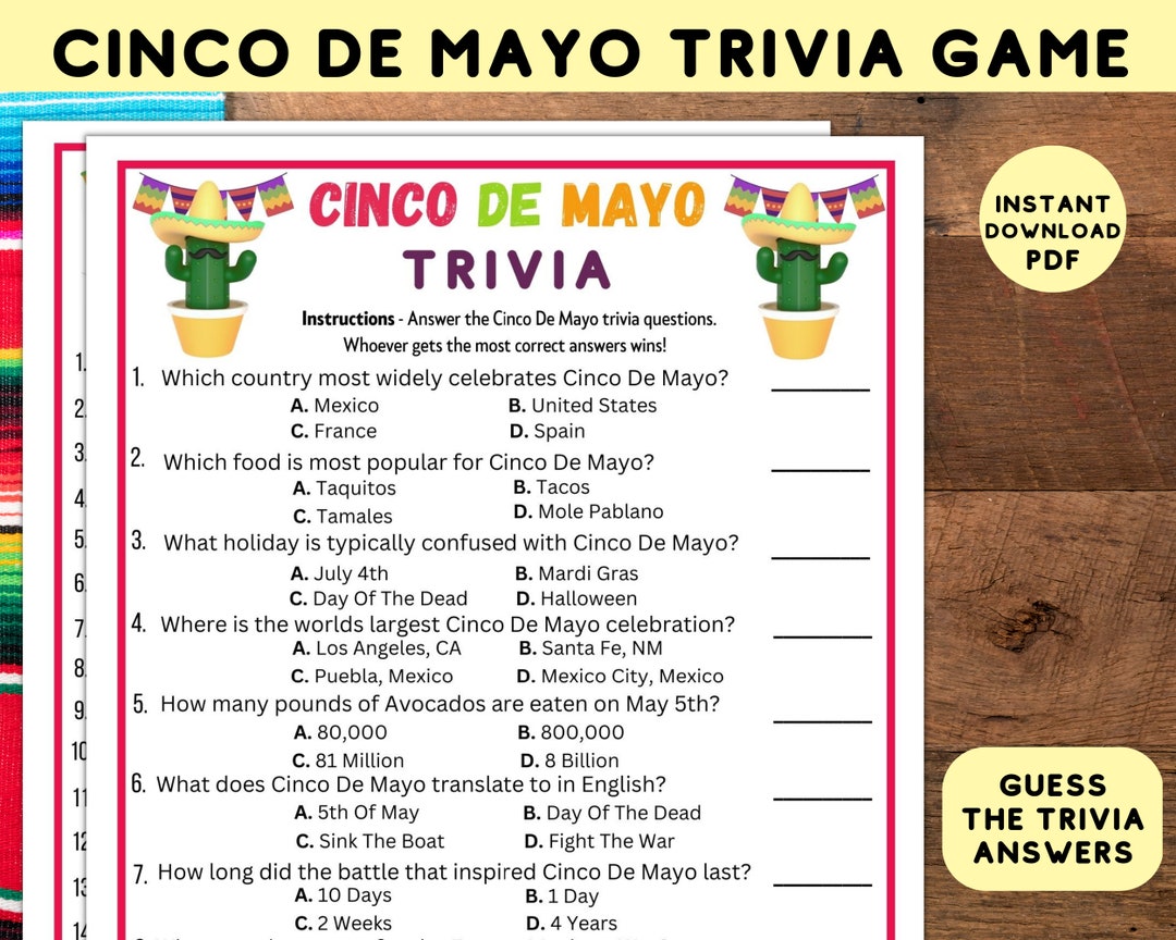 Printable Cinco De Mayo Trivia Party Game Instant Download Etsy