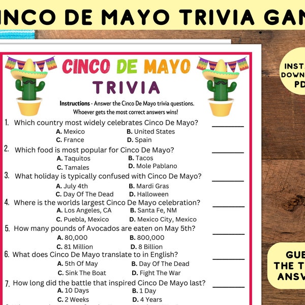 Printable Cinco De Mayo Trivia Party Game | Instant Download Classroom Work May 5th Party Trivia Quiz Idea | Activity For Adults Or Kids