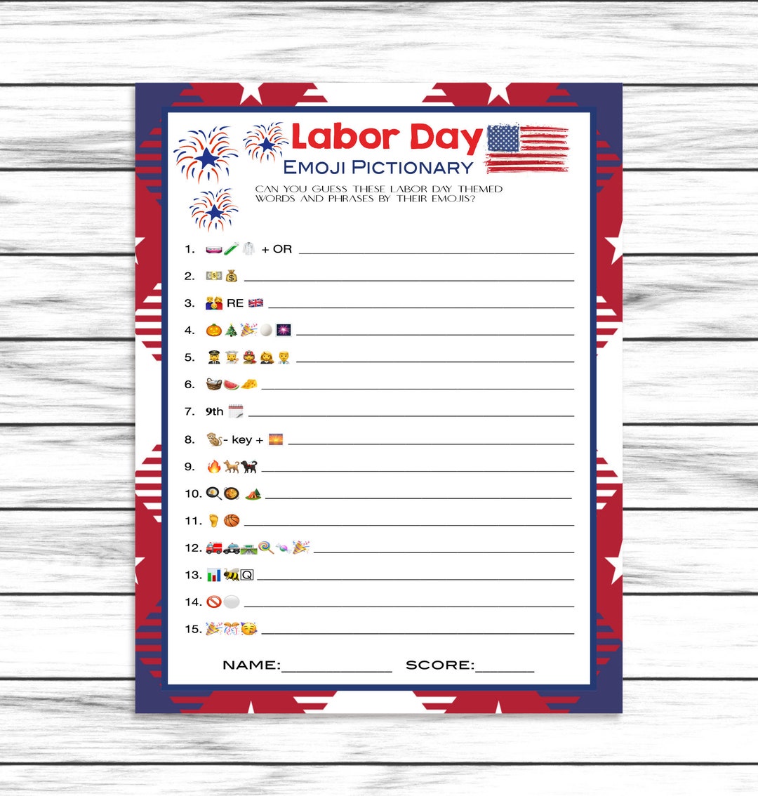 Labor Day Emoji Game, Emoji Pictionary, Party Game, Emoji Game, for Adults Kids, Labor Day