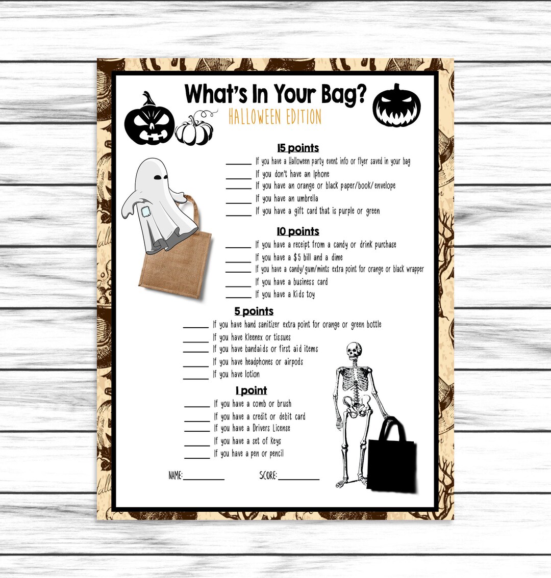 Halloween Whats in Your Bag, Party Game, Purse Game,office Parties