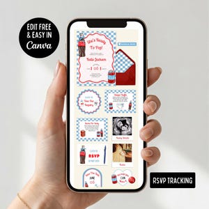 May include: A digital display on a smartphone screen showing a collection of baby shower invitation templates with a soda theme. The designs feature light blue and white checkered patterns, red accents, soda bottle graphics, and text including She's Ready To Pop, Diaper Raffle, Books For Baby, RSVP, and Save the Date.