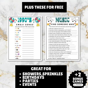 printable 1990s themed finish the song, find a guest who music icebreaker game, and 1990s emoji pictionary printable games with answers and Spotify playlist great for birthdays, seniors, church, classroom and baby showers or wedding showers.