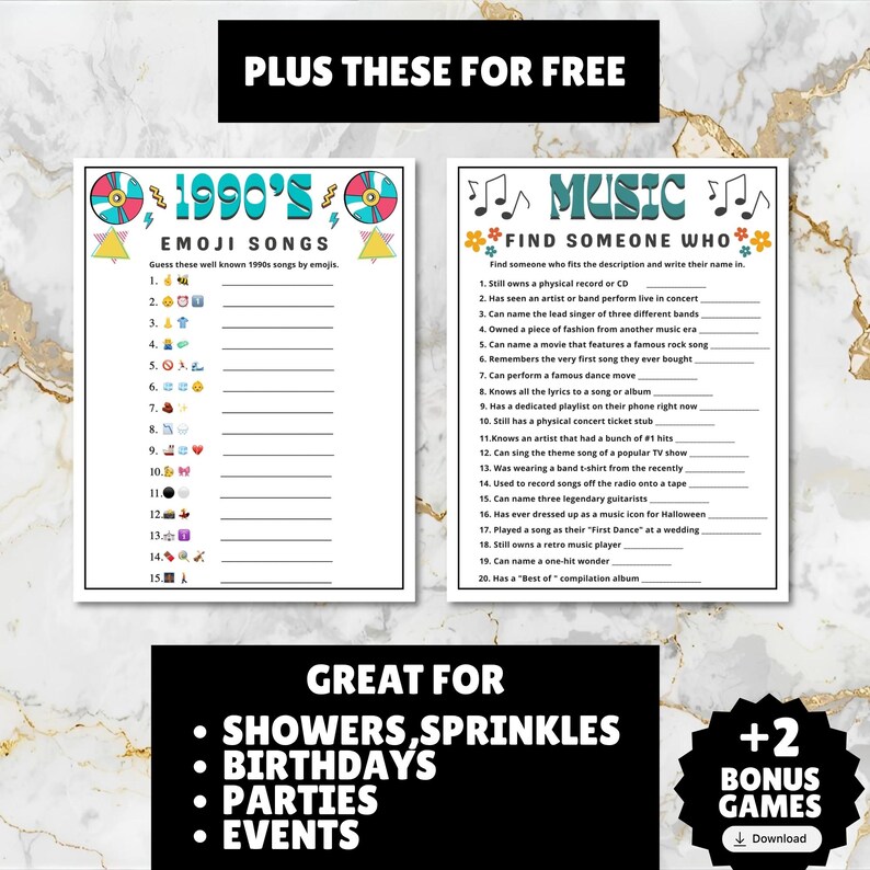 printable 1990s themed finish the song, find a guest who music icebreaker game, and 1990s emoji pictionary printable games with answers and Spotify playlist great for birthdays, seniors, church, classroom and baby showers or wedding showers.