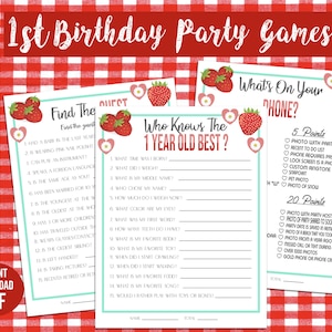 Druckbare Erdbeeren & Gänseblümchen 1.Geburtstags-Party Spiele | Erster Geburtstag Mädchen Party Quiz | Wer weiß es am besten | Finde den Gast | Telefon Spiel