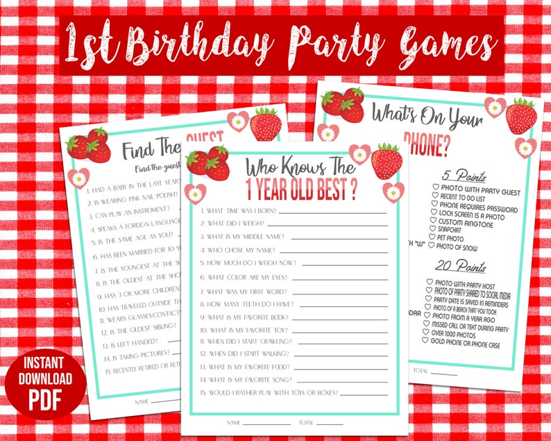Printable Strawberries & Daises 1st Birthday Party Games