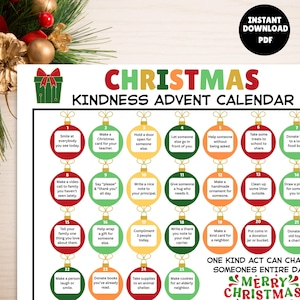 Może przedstawiać: Kolorowy kalendarz adwentowy dobroci bożonarodzeniowej z 25 aktami dobroci. Kalendarz ma zielony i czerwony design z ozdobami i tekstem "CHRISTMAS KINDNESS ADVENT CALENDAR".