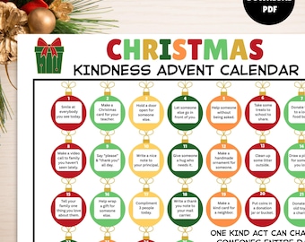 Printable Christmas Acts Of Kindness Advent Calendar Card | Kids Holiday Countdown Kindness Challenge Family Activities