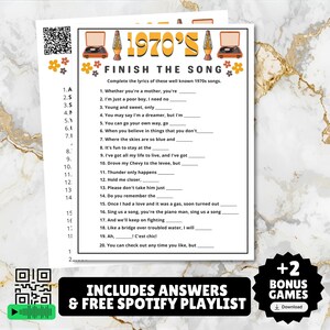 printable 1970s themed finish the song, find a guest who music icebreaker game, and 1970s emoji pictionary printable games with answers and Spotify playlist great for birthdays, seniors, church, classroom and baby showers or wedding showers.