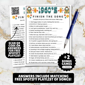 printable 1960s themed finish the song, find a guest who music icebreaker game, and 1960s emoji pictionary printable games with answers and Spotify playlist great for birthdays, seniors, church, classroom and baby showers or wedding showers.