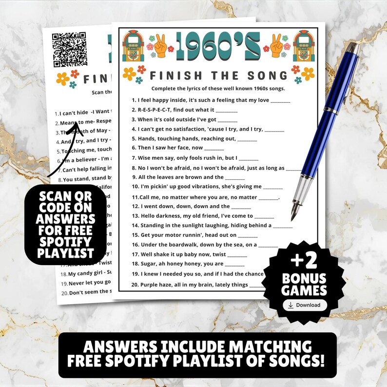 printable 1960s themed finish the song, find a guest who music icebreaker game, and 1960s emoji pictionary printable games with answers and Spotify playlist great for birthdays, seniors, church, classroom and baby showers or wedding showers.