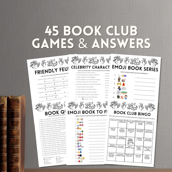Book Club Meeting Printable Games And Answers | Reading Party Trivia Games Book Club Ideas Adults Kids | Icebreakers Emoji Quiz Bingo Bundle