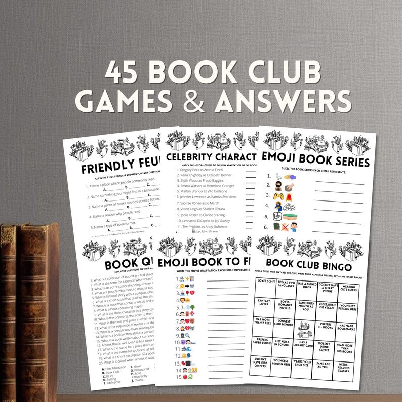 Printable book club meeting game bundle games and answers for reading party bookclub trivia for adults and kids