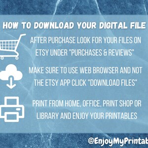 May include: A light blue graphic with white text detailing how to download digital files from Etsy. Instructions include finding files under "Purchases & Reviews", using a web browser, and printing from various locations. The graphic includes a shopping cart, cloud, and printer icons.