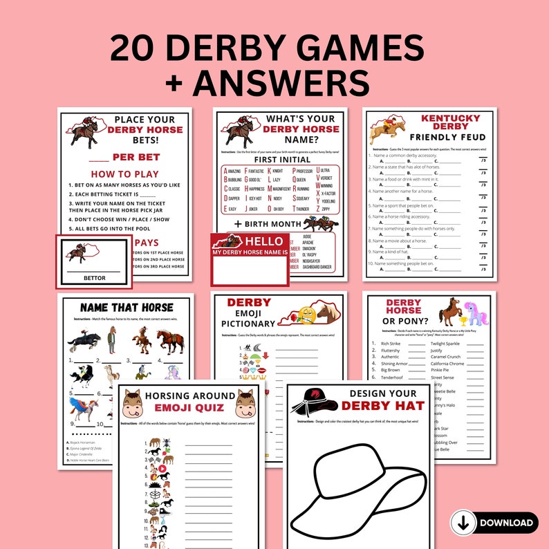 Fun 20 printable game bundle with answers to print and play at your Kentucky derby party for kids and adults, or seniors great for office or classroom parties.