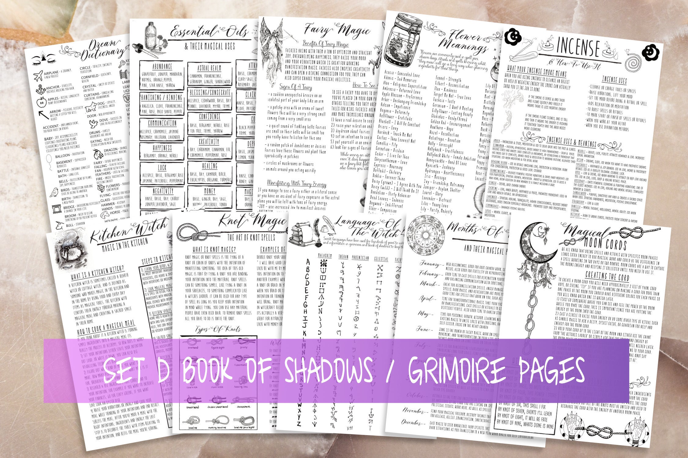 Printable Basic Witchcraft Grimoire Pages, Book of Shadows Pages, Essential Oils, Incense, Fairy Magic, Knot Magic, Kitchen Magic Set D