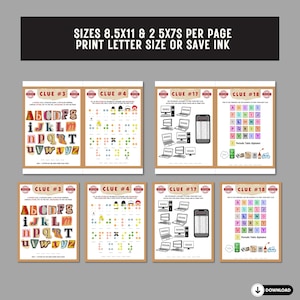 May include: Printable game clues with colorful illustrations and text. The clues include a letter puzzle, a dot-to-dot puzzle, a number puzzle, and a periodic table alphabet puzzle. The text on the clues includes "Clue #3", "Clue #4", "Clue #17", and "Clue #18".