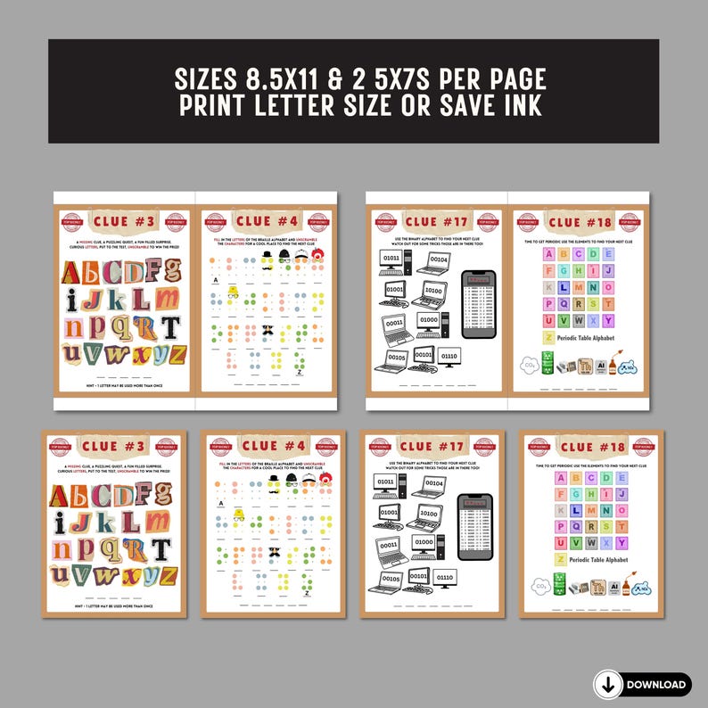 May include: Printable game clues with colorful illustrations and text. The clues include a letter puzzle, a dot-to-dot puzzle, a number puzzle, and a periodic table alphabet puzzle. The text on the clues includes "Clue #3", "Clue #4", "Clue #17", and "Clue #18".
