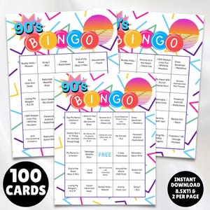 100 printable 1990s music greatest hits bingo cards with a linked Spotify playlist, simply print the cards, open the playlist link and you're ready to party and sing along to the hits from the 90s great for birthdays, seniors, theme parties, church events, office parties and gatherings.