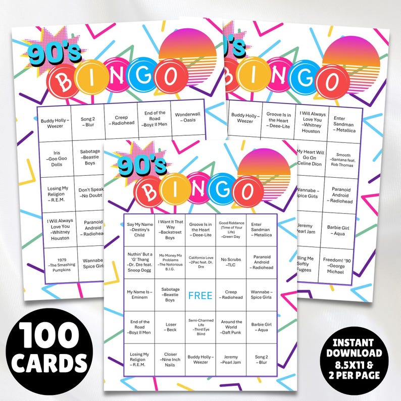 100 printable 1990s music greatest hits bingo cards with a linked Spotify playlist, simply print the cards, open the playlist link and you're ready to party and sing along to the hits from the 90s great for birthdays, seniors, theme parties, church events, office parties and gatherings.
