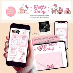 Cute Kitty Baby Shower Invitation, Editable Hello Baby Invitation, Pink Baby Shower Invite, Coquette Baby Girl Digital Invite Website RSVP