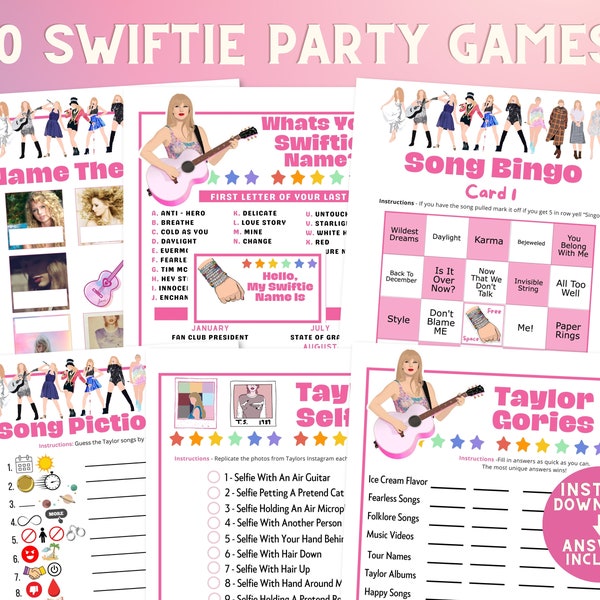 Druckbare Swiftie Fans Partyspiele Mega Bundle | Tween Teen Sleepover Geburtstag Eras Tour Taylor Konzertaktivitäten | Trivia Song Bingo Set