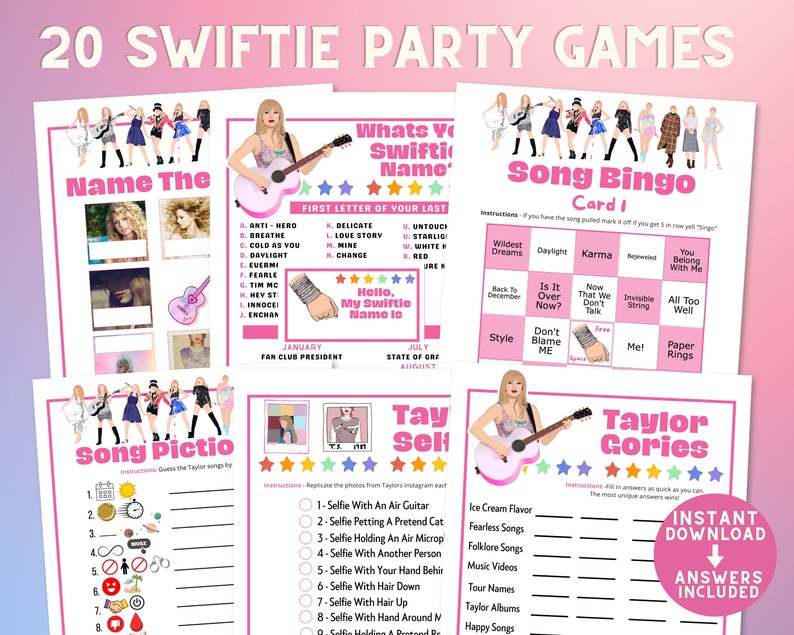 swiftie party printable games bundle with answers great for teens and tweens Taylor fans or eras tour concert activities, birthday parties or sleepovers. Includes song bingo, trivia, and emoji games.