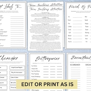 May include: Black and white printable team building games for parties and events. The games include "Most Likely To", "Charades", "Scattergories", "Finish My Phrase", and "Deconstructed".