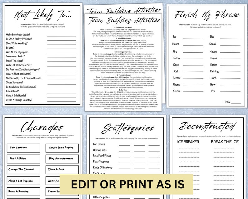 May include: Black and white printable team building games for parties and events. The games include "Most Likely To", "Charades", "Scattergories", "Finish My Phrase", and "Deconstructed".